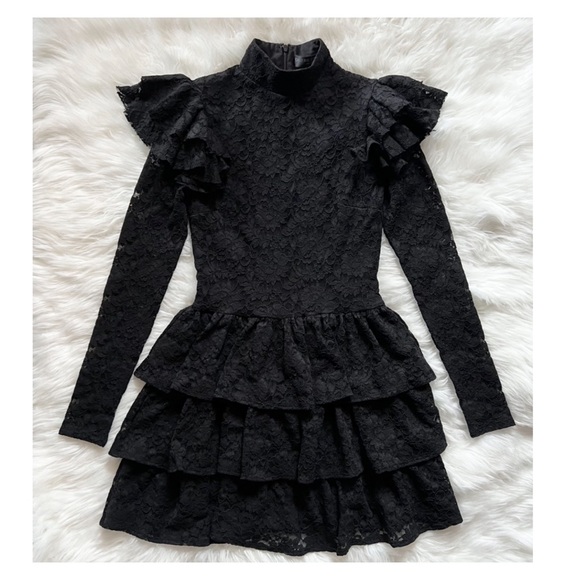New! CAROLINE CONSTAS Satin Lace Ruffled Mini Dress - Picture 7 of 11